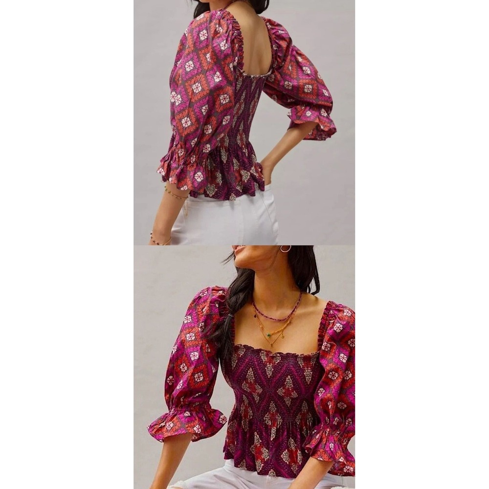 Anthropologie Conditions Apply Smocked Blouse Peplum Petites Size SP Bohemian